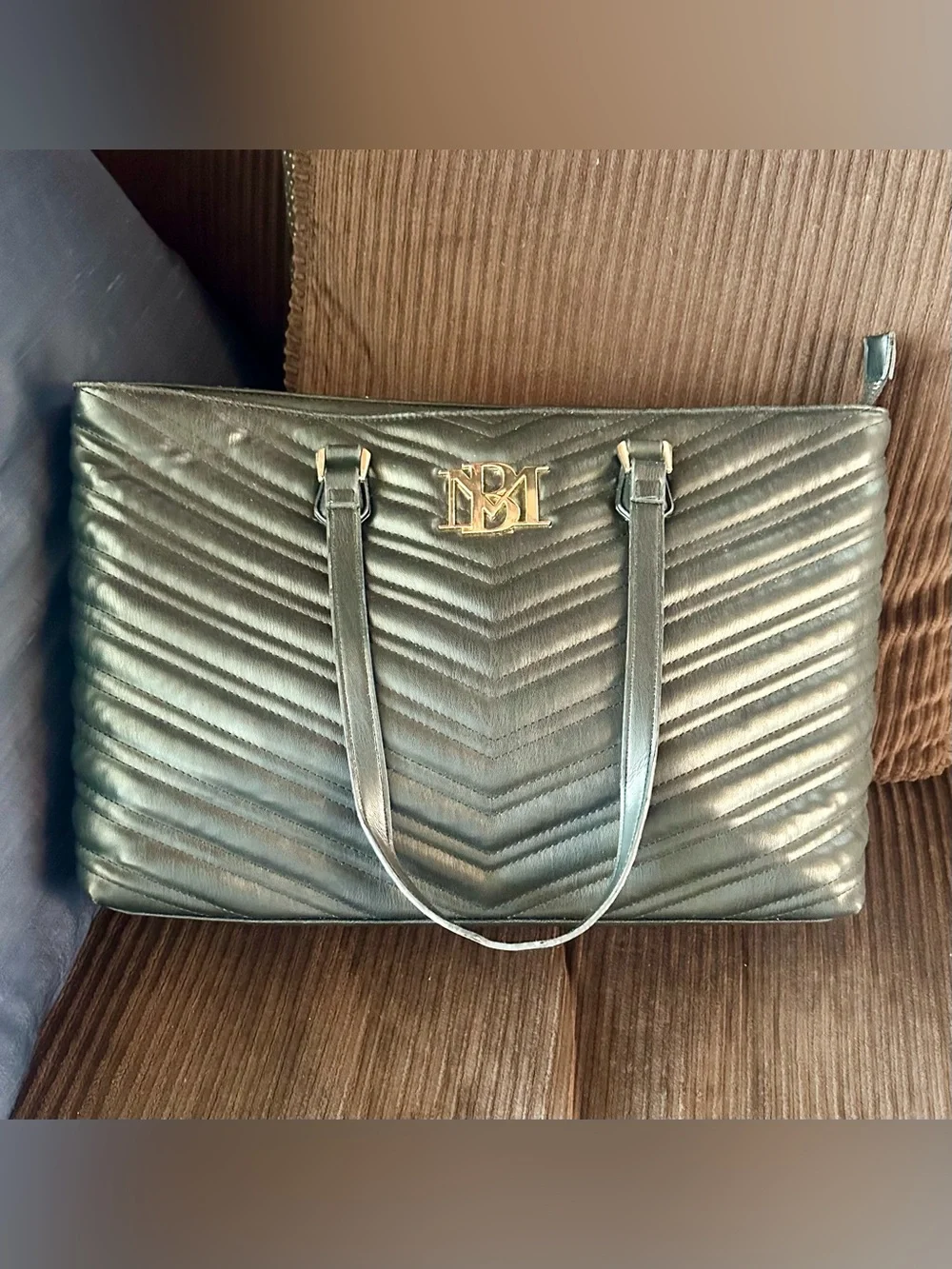 BADGLEY MISCHKA Black Chevron Quilted Leather Tote Laptop Bag w/Gold-Plated Logo